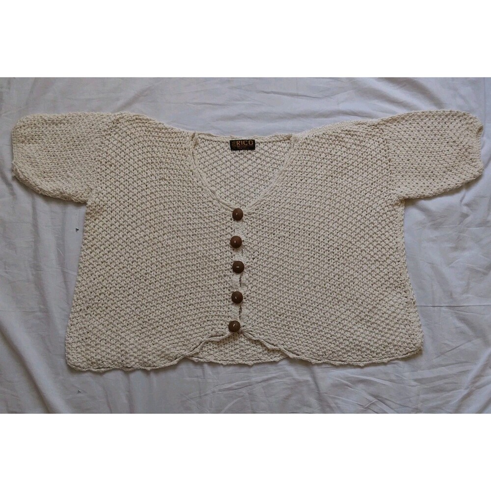 Vintage Rico Cropped Sweater Beige Button Up Short Sleeve Chunky Boho Peasant